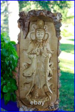 Guanyin Goddess Statue Buddhist Bodhisattva Mercy Carved Wood Sculpture Bali Art