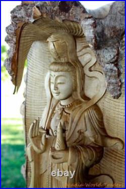 Guanyin Goddess Statue Buddhist Bodhisattva Mercy Carved Wood Sculpture Bali Art