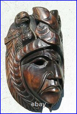 Guatemalan hand carving Wood Mask Mayan folks art Kukulkan chief Portrait