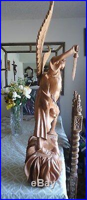 HAND CARVED WOOD SAINT ARCHANGEL MICHAEL SCULPTURE angel statue RELIGIOUS 31.5'