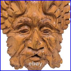 HUGE 24 Vintage 1996 Signed Green Man Solid Wood Carved Wall Art Figure Statue