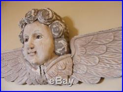 HUGE WALL ANGEL Solid CARVED WOOD CHERUB 37 PUTTI Antique Sculpture GLASS EYES
