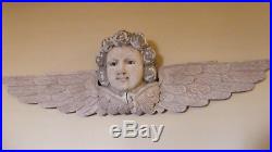 HUGE WALL ANGEL Solid CARVED WOOD CHERUB 37 PUTTI Antique Sculpture GLASS EYES