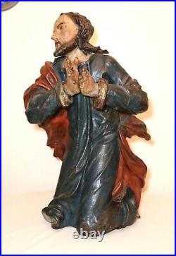 HUGE antique 1600's hand carved polychromed wood religious Jesus saint sculpture