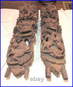 HUGE pair of antique hand carved figural temple Chinese wood corbel sculptures