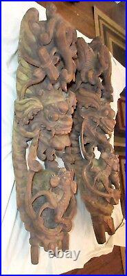 HUGE pair of antique hand carved figural temple Chinese wood corbel sculptures