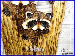 Hand Carved 2 RACCOONS in HOLLOW TREE Wall Art Wood Carving Chainsaw Cabin Decor