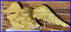 Hand Carved American Bald Eagle Patriotic Shield Wall Sculpture Gold FolkArt 44