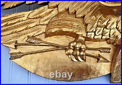 Hand Carved American Bald Eagle Patriotic Shield Wall Sculpture Gold FolkArt 44