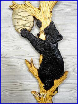Hand Carved BLACK BEAR CUB with BEEHIVE HONEY BEE Wall Art Chainsaw Wood Carving