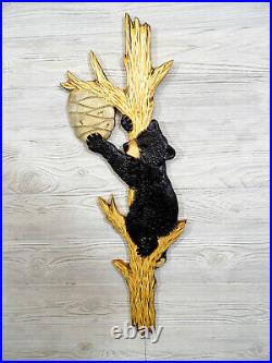 Hand Carved BLACK BEAR CUB with BEEHIVE HONEY BEE Wall Art Chainsaw Wood Carving