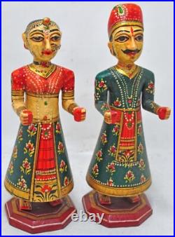 Hand Carved Hard Wood Man Woman Gangaur Figurines Pair Very Fine Painted