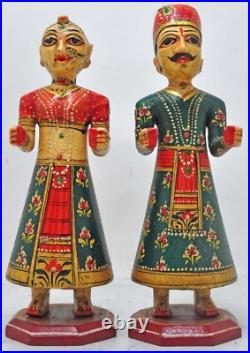 Hand Carved Hard Wood Man Woman Gangaur Figurines Pair Very Fine Painted Hand Carved Hard Wood Man Woman Gangaur Figurines Pair Very Fine Painted