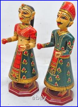 Hand Carved Hard Wood Man Woman Gangaur Figurines Pair Very Fine Painted