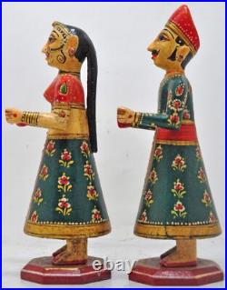 Hand Carved Hard Wood Man Woman Gangaur Figurines Pair Very Fine Painted