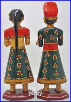 Hand Carved Hard Wood Man Woman Gangaur Figurines Pair Very Fine Painted