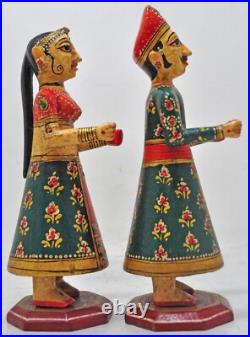 Hand Carved Hard Wood Man Woman Gangaur Figurines Pair Very Fine Painted
