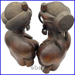 Hand Carved Hardwood Warrior Busts Male & Female Tribal Folk Art Pair READ Hand Carved Hardwood Warrior Busts Male & Female Tribal Folk Art Pair READ
