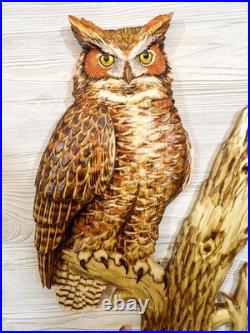 Hand Carved LIFESIZE GREAT HORNED OWL Wall Art Wood Carving Cabin decor chainsaw