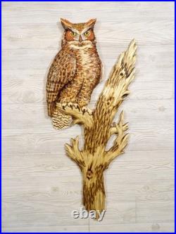 Hand Carved LIFESIZE GREAT HORNED OWL Wall Art Wood Carving Cabin decor chainsaw