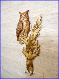 Hand Carved LIFESIZE GREAT HORNED OWL Wall Art Wood Carving Cabin decor chainsaw