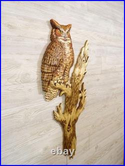 Hand Carved LIFESIZE GREAT HORNED OWL Wall Art Wood Carving Cabin decor chainsaw