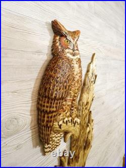 Hand Carved LIFESIZE GREAT HORNED OWL Wall Art Wood Carving Cabin decor chainsaw