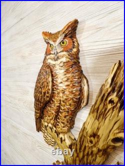 Hand Carved LIFESIZE GREAT HORNED OWL Wall Art Wood Carving Cabin decor chainsaw