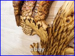 Hand Carved LIFESIZE GREAT HORNED OWL Wall Art Wood Carving Cabin decor chainsaw
