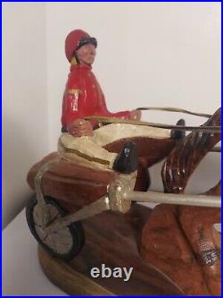 Hand Carved Large Jockey And Horse Racing Cart Americana Wood Sculpture