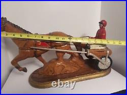 Hand Carved Large Jockey And Horse Racing Cart Americana Wood Sculpture
