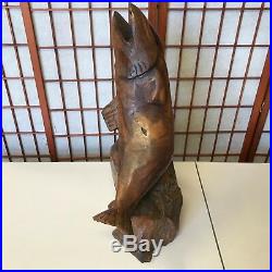 Hand Carved Large Solid Wood Vintage Fish Salmon Sculpture Stands 24 Tall