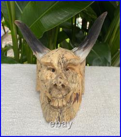 Hand Carved Laughing Ugly Monster with genuine Cow Horns Carved celukuk Figure