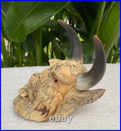 Hand Carved Laughing Ugly Monster with genuine Cow Horns Carved celukuk Figure