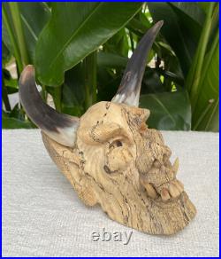 Hand Carved Laughing Ugly Monster with genuine Cow Horns Carved celukuk Figure