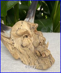 Hand Carved Laughing Ugly Monster with genuine Cow Horns Carved celukuk Figure
