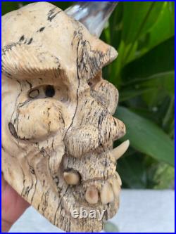 Hand Carved Laughing Ugly Monster with genuine Cow Horns Carved celukuk Figure
