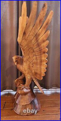 Hand Carved Mahogany Wood Eagle Sculpture By Artist Kirt Grayson- 4 Ft Height