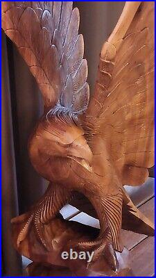 Hand Carved Mahogany Wood Eagle Sculpture By Artist Kirt Grayson- 4 Ft Height