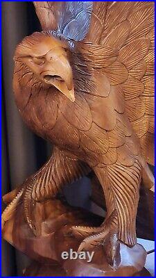 Hand Carved Mahogany Wood Eagle Sculpture By Artist Kirt Grayson- 4 Ft Height