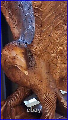 Hand Carved Mahogany Wood Eagle Sculpture By Artist Kirt Grayson- 4 Ft Height