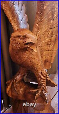 Hand Carved Mahogany Wood Eagle Sculpture By Artist Kirt Grayson- 4 Ft Height