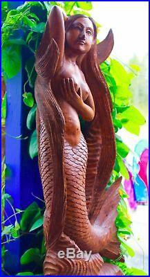 Hand Carved Mermaid Sea Goddess Statue wood Carving sculpture Balinese Art