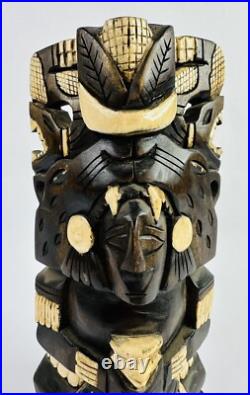 Hand Carved Mexican Wood Sculpture Warrior Emerging from Spirit Animal Inlay 11