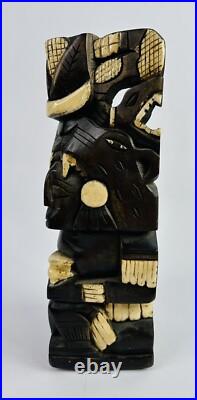 Hand Carved Mexican Wood Sculpture Warrior Emerging from Spirit Animal Inlay 11