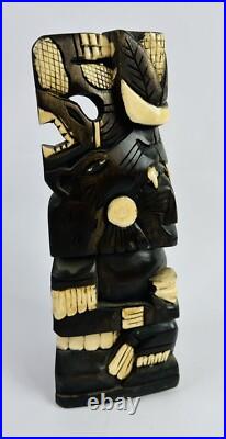Hand Carved Mexican Wood Sculpture Warrior Emerging from Spirit Animal Inlay 11