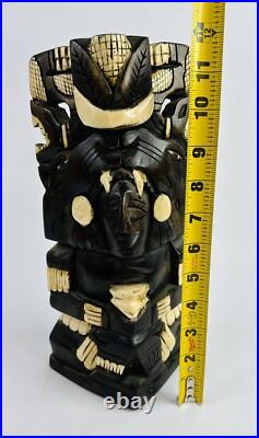 Hand Carved Mexican Wood Sculpture Warrior Emerging from Spirit Animal Inlay 11
