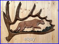 Hand Carved Mountain Lion Sculpture Rustic Wall Log Antler Chainsaw Folk Art