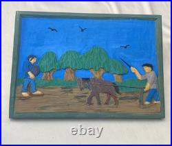 Hand Carved & Painted Relief Wood Panel Wall Hanging Signed P Szatkowski 17x12