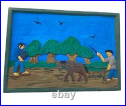 Hand Carved & Painted Relief Wood Panel Wall Hanging Signed P Szatkowski 17x12